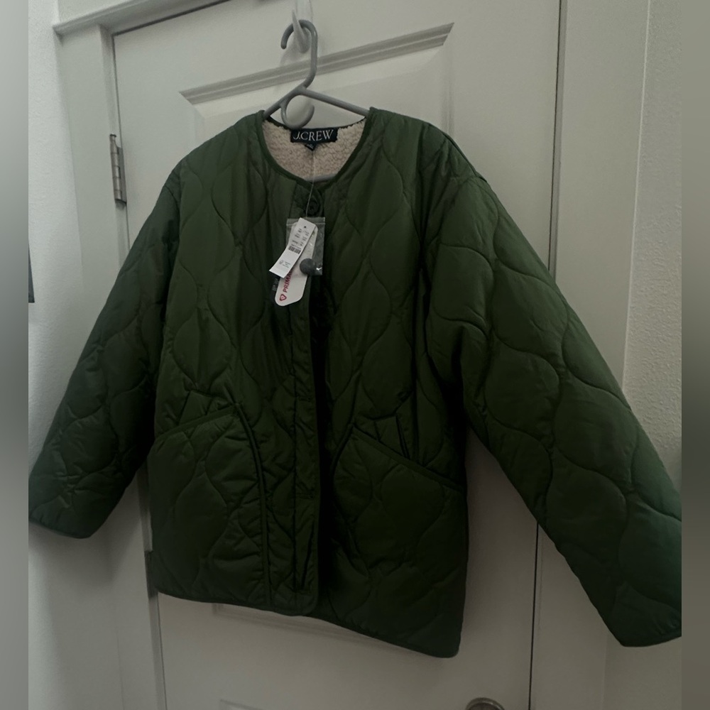 J.Crew Women MED Reversible Puffer Jacket PrimaLoft Olive Green Ivory Warm - NEW